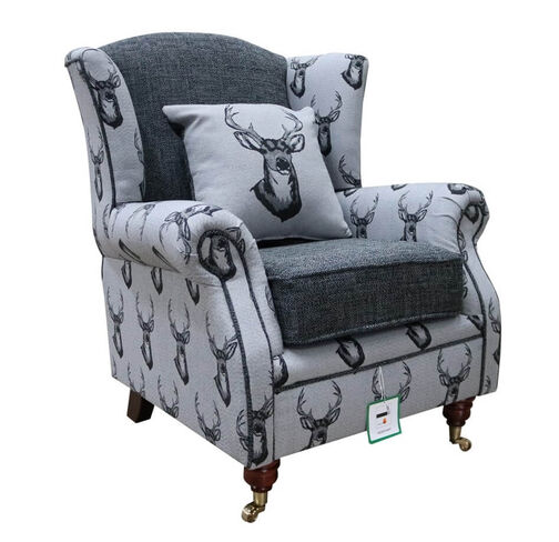 Deer Print Wing Chair Fireside High Back Armchair Grey Fabric