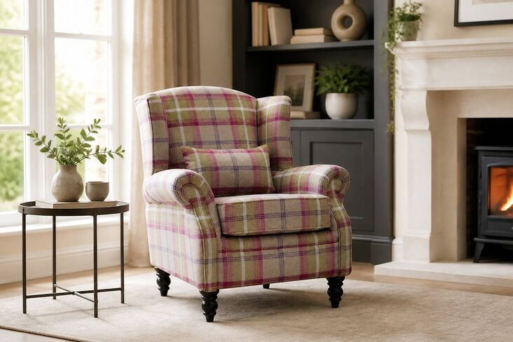 Denbigh Wing Chair Fireside High Back Armchair Balmoral Heather Tartan