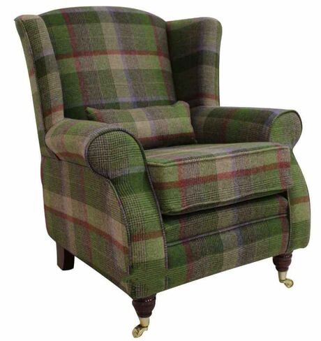 Arnold Wool Tweed Wing Chair Fireside High Back Armchair Malham Lime Check Wool