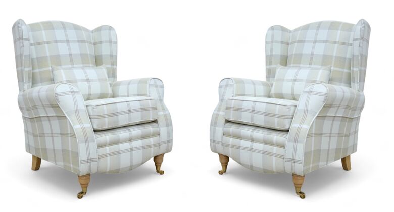 Pair Of Sherlock Wingback Fireside High Back Armchairs Balmoral Natural Check P&S