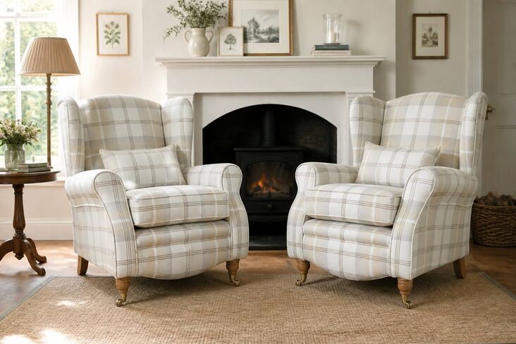 Pair Of Sherlock Wingback Fireside High Back Armchairs Balmoral Natural Check P&S
