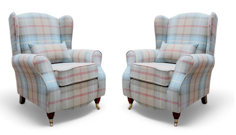 Pair Of Sherlock Wingback Fireside High Back Armchairs Balmoral Ocean Check P&S