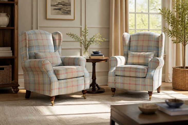 Pair Of Sherlock Wingback Fireside High Back Armchairs Balmoral Ocean Check P&S