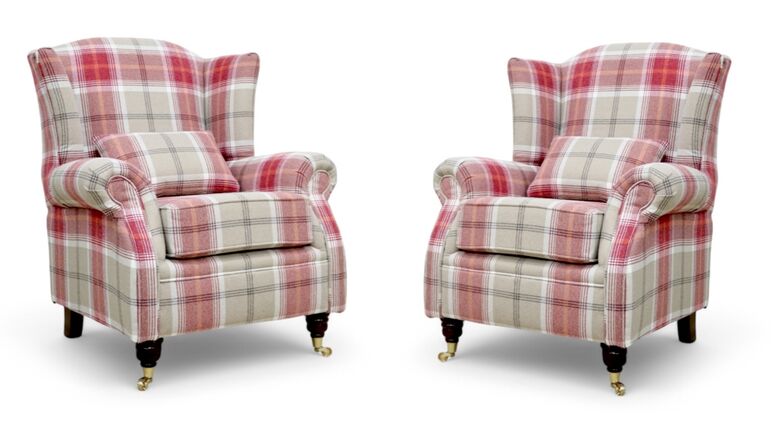Pair Of Wing Chairs Fireside High Back Armchairs Balmoral Cardinal Check Fabric P&S