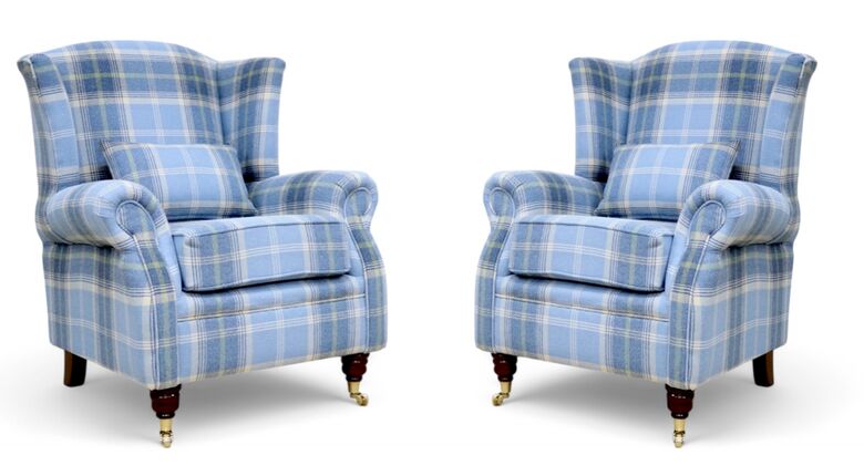Pair Of Wing Chairs Fireside High Back Armchairs Balmoral Cornflower Check Fabric P&S