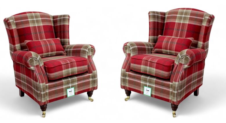 Pair Of Wing Chairs Fireside High Back Armchairs Balmoral Red Check Fabric P&S