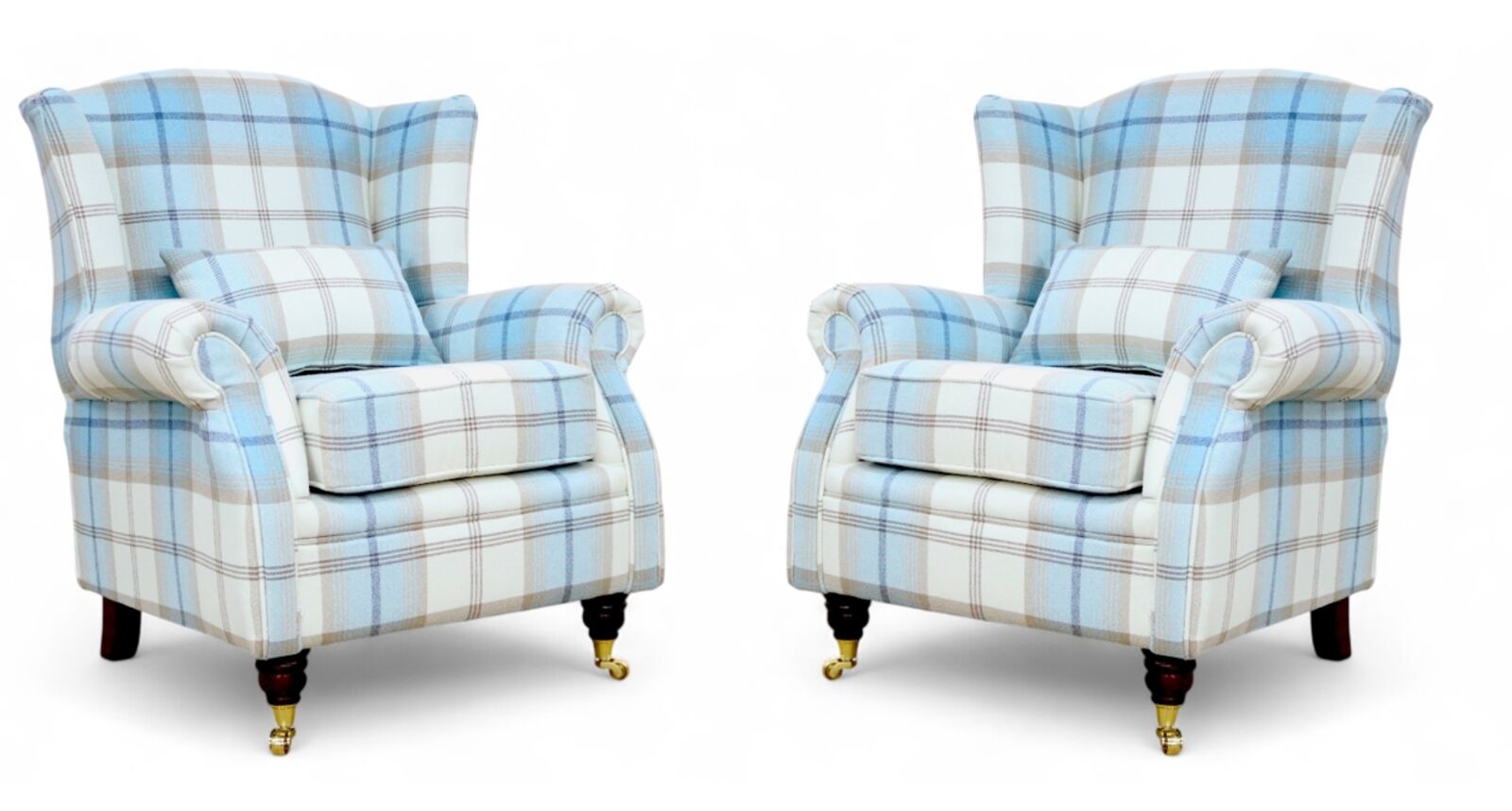 Pair Of Wing Chairs Fireside High Back Armchair Balmoral Sky Check Fabric P&S