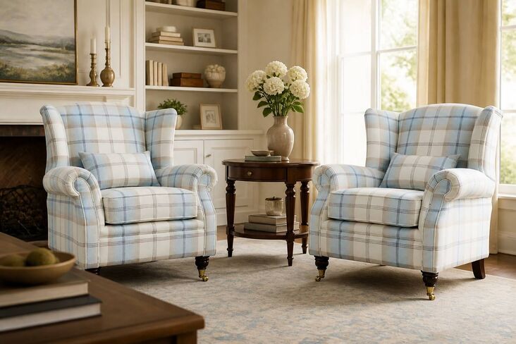 Pair Of Wing Chairs Fireside High Back Armchair Balmoral Sky Check Fabric P&S