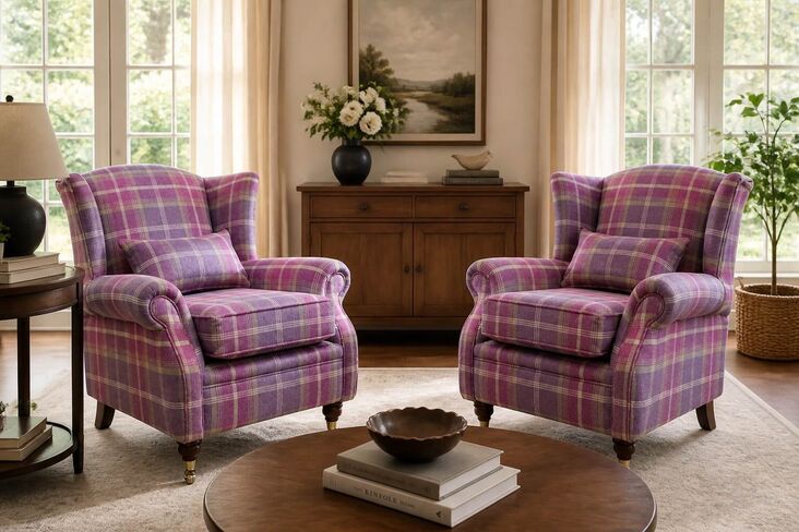 Pair Of Wing Chairs Fireside High Back Armchairs Balmoral Amethyst Check Fabric P&S