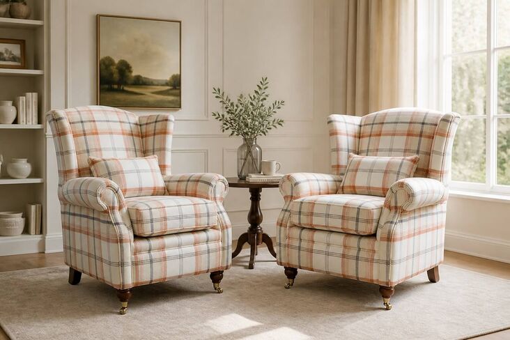 Pair Of Wing Chairs Fireside High Back Armchairs Balmoral Autumn Check Fabric P&S