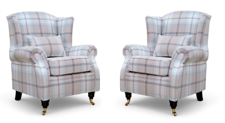 Pair Of Wing Chairs Fireside High Back Armchairs Balmoral Blush Pink Check Fabric P&S