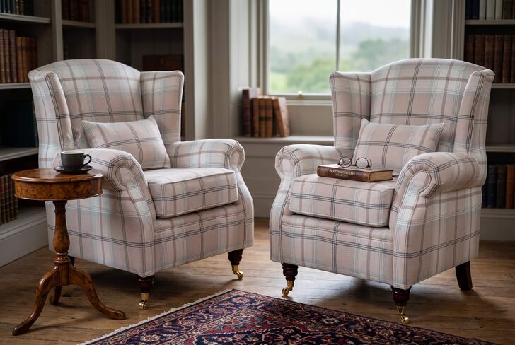Pair Of Wing Chairs Fireside High Back Armchairs Balmoral Blush Pink Check Fabric P&S