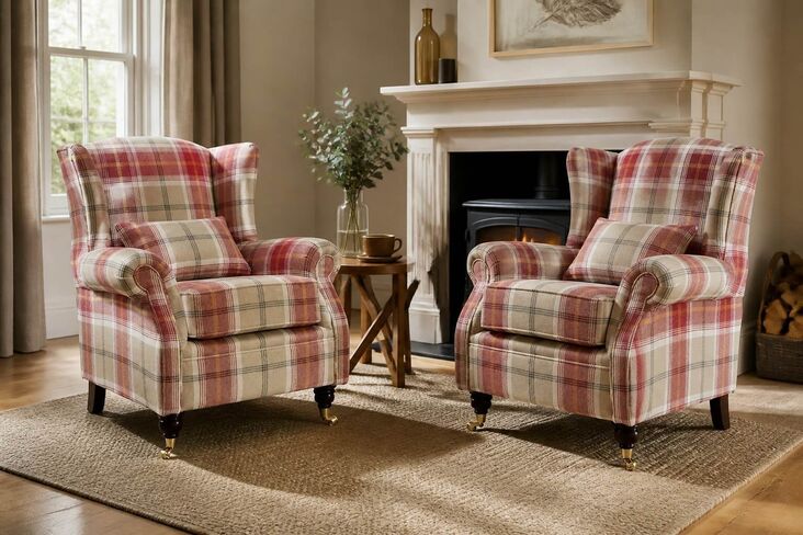 Pair Of Wing Chairs Fireside High Back Armchairs Balmoral Cardinal Check Fabric P&S