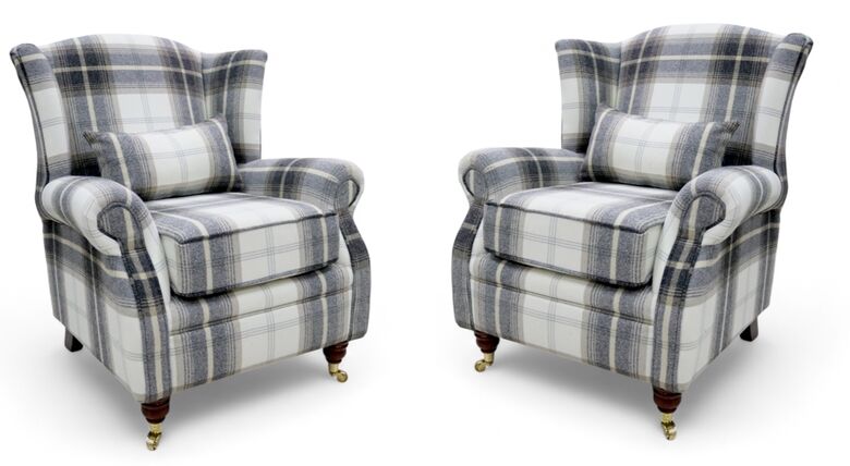 Pair Of Wing Chairs Fireside High Back Armchairs Balmoral Charcoal Check Fabric P&S