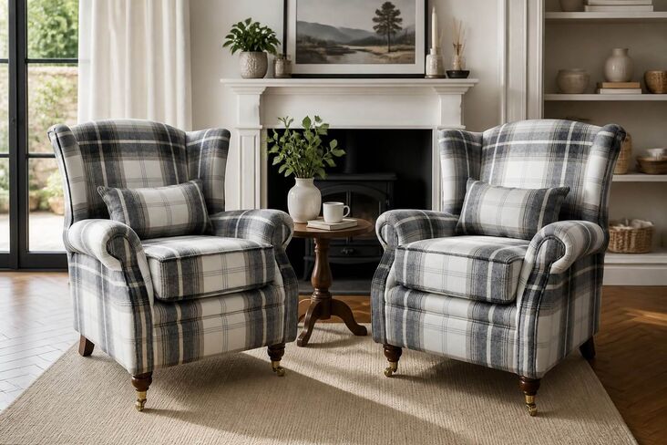 Pair Of Wing Chairs Fireside High Back Armchairs Balmoral Charcoal Check Fabric P&S