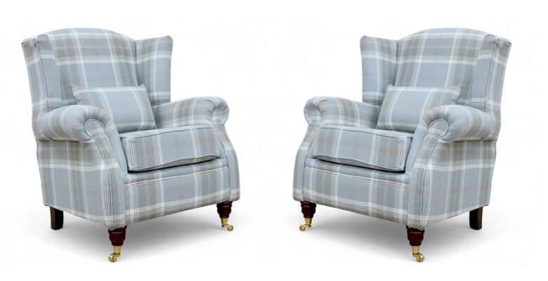Pair Of Wing Chairs Fireside High Back Armchairs Balmoral Cloud Check Fabric P&S