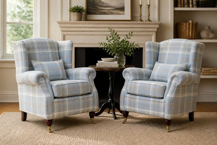 Pair Of Wing Chairs Fireside High Back Armchairs Balmoral Cloud Check Fabric P&S