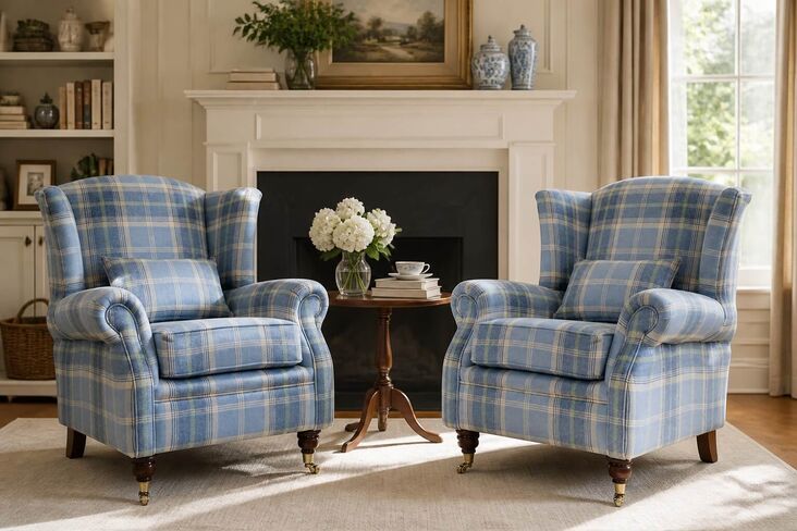 Pair Of Wing Chairs Fireside High Back Armchairs Balmoral Cornflower Check Fabric P&S