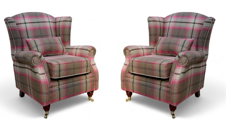 Pair Of Wing Chairs Fireside High Back Armchairs Balmoral Fuchsia Pink Check Fabric P&S