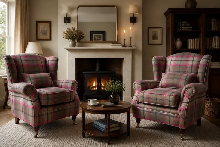 Pair Of Wing Chairs Fireside High Back Armchairs Balmoral Fuchsia Pink Check Fabric P&S