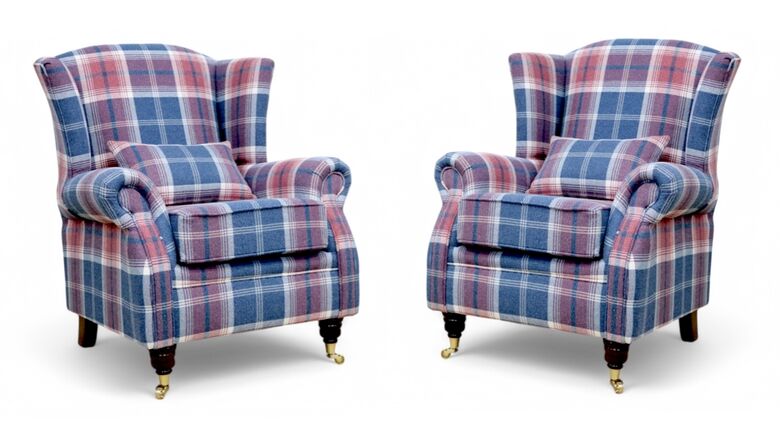 Pair Of Wing Chairs Fireside High Back Armchairs Balmoral Harbour Blue Check Fabric P&S