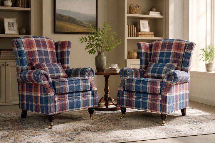 Pair Of Wing Chairs Fireside High Back Armchairs Balmoral Harbour Blue Check Fabric P&S