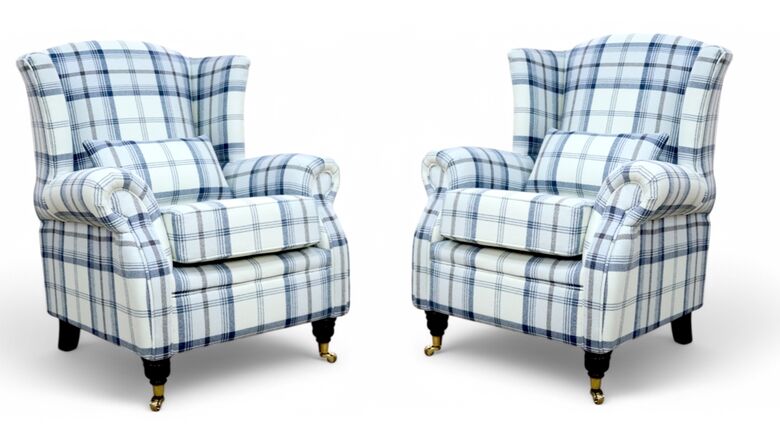 Pair Of Wing Chairs Fireside High Back Armchairs Balmoral Indigo Blue Check Fabric P&S