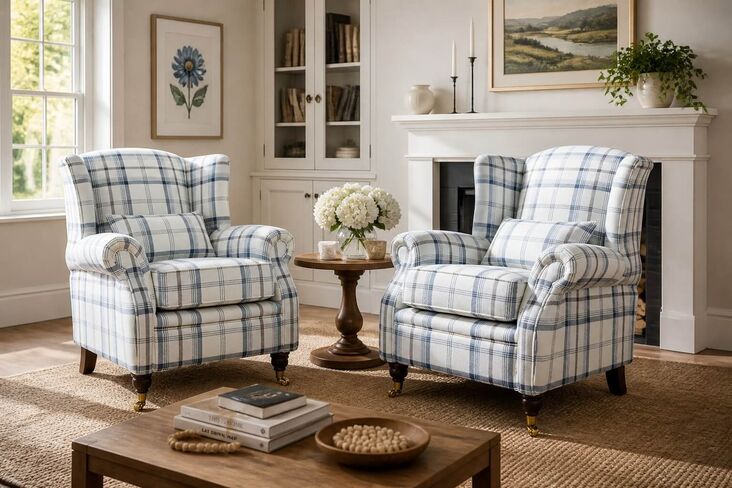 Pair Of Wing Chairs Fireside High Back Armchairs Balmoral Indigo Blue Check Fabric P&S