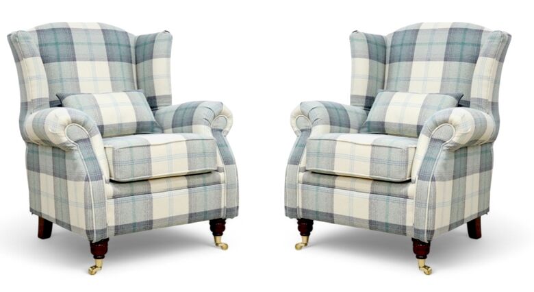 Pair Of Wing Chairs Fireside High Back Armchairs Balmoral Jade Green Check Fabric P&S