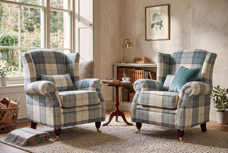 Pair Of Wing Chairs Fireside High Back Armchairs Balmoral Jade Green Check Fabric P&S