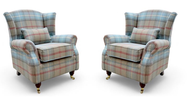 Pair Of Wing Chairs Fireside High Back Armchairs Balmoral Ocean Check Fabric P&S