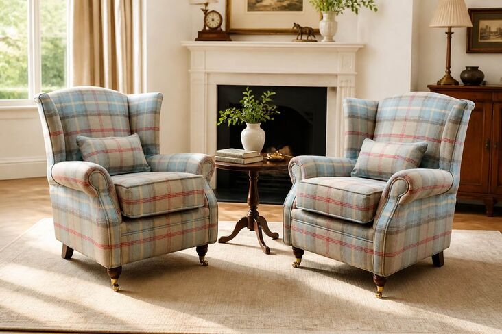 Pair Of Wing Chairs Fireside High Back Armchairs Balmoral Ocean Check Fabric P&S