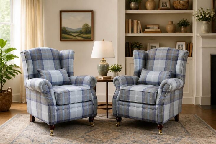 Pair Of Wing Chairs Fireside High Back Armchairs Balmoral Oxford Blue Check Fabric P&S