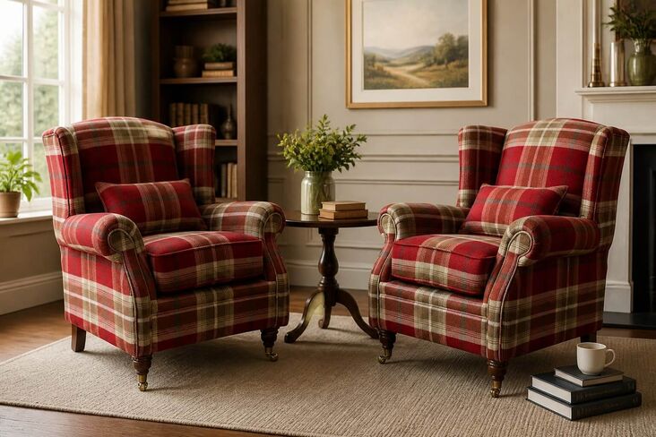 Pair Of Wing Chairs Fireside High Back Armchairs Balmoral Red Check Fabric P&S