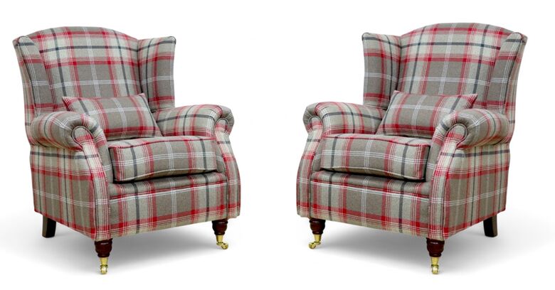 Pair Of Wing Chairs Fireside High Back Armchairs Balmoral Rosso Check Fabric P&S