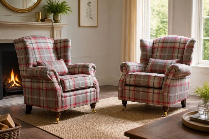 Pair Of Wing Chairs Fireside High Back Armchairs Balmoral Rosso Check Fabric P&S