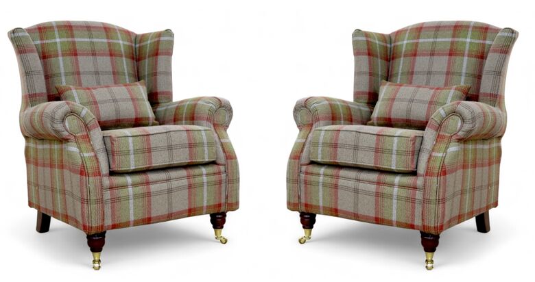 Pair Of Wing Chairs Fireside High Back Armchairs Balmoral Rust Check Fabric P&S