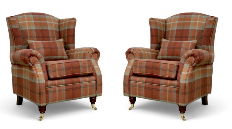 Pair Of Wing Chairs Fireside High Back Armchairs Balmoral Spice Check Fabric P&S