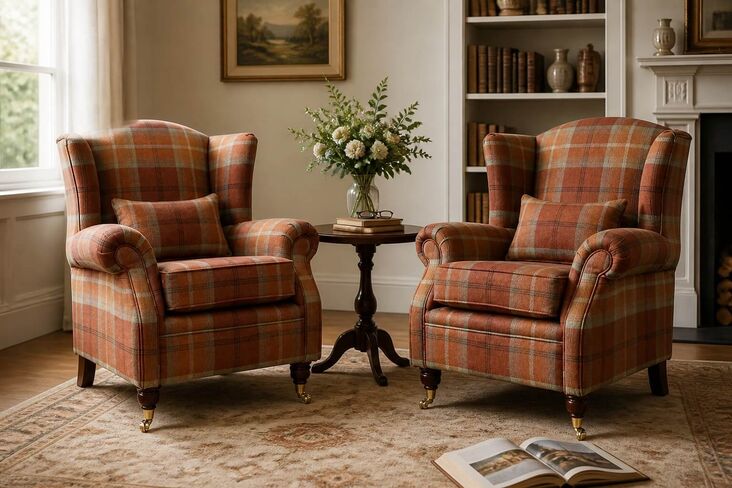 Pair Of Wing Chairs Fireside High Back Armchairs Balmoral Spice Check Fabric P&S