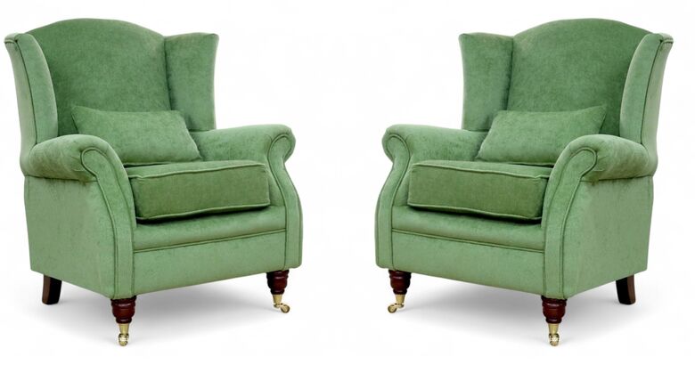 Pair Of Wing Chairs Fireside High Back Armchairs Pimlico Sage Green Fabric