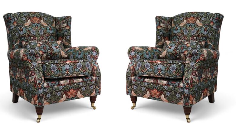 Pair Of Wing Chairs Fireside High Back Armchairs William Morris Tapestry Fabric Strawberry Thief Black
