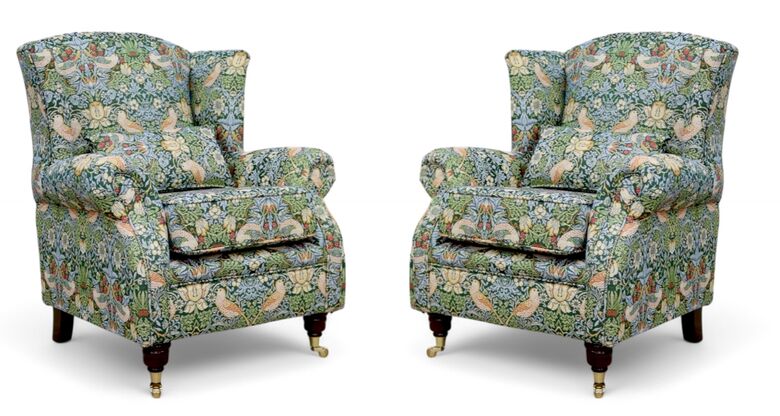 Pair Of Wing Chairs Fireside High Back Armchairs William Morris Tapestry Fabric Strawberry Thief Green