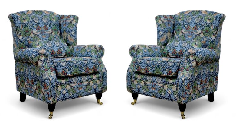 Pair Of Wing Chairs Fireside High Back Armchairs William Morris Tapestry Fabric Strawberry Thief Indigo