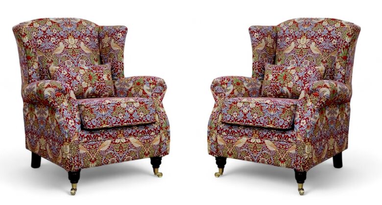 Pair Of Wing Chairs Fireside High Back Armchairs William Morris Tapestry Fabric Strawberry Thief Wine