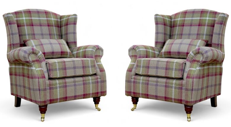 Pair Of Wingback Fireside Armchairs – High Back, Balmoral Heather Check Fabric, Classic Tartan Style