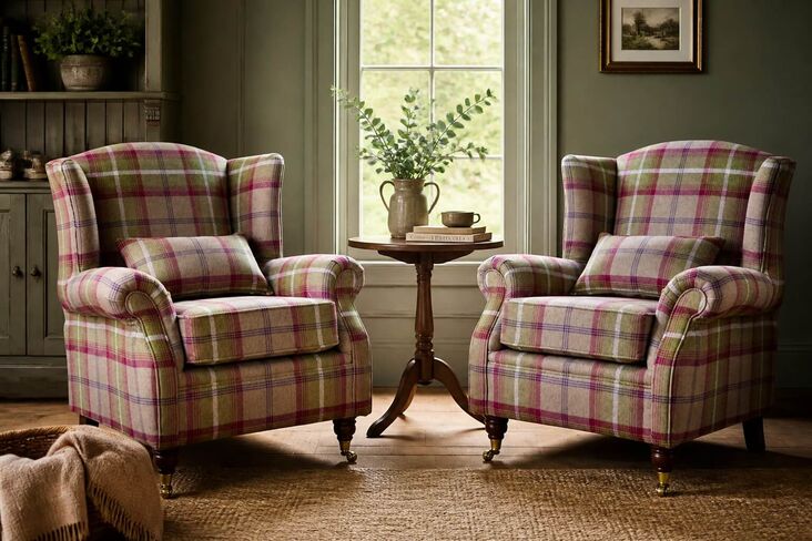 Pair Of Wingback Fireside Armchairs – High Back, Balmoral Heather Check Fabric, Classic Tartan Style