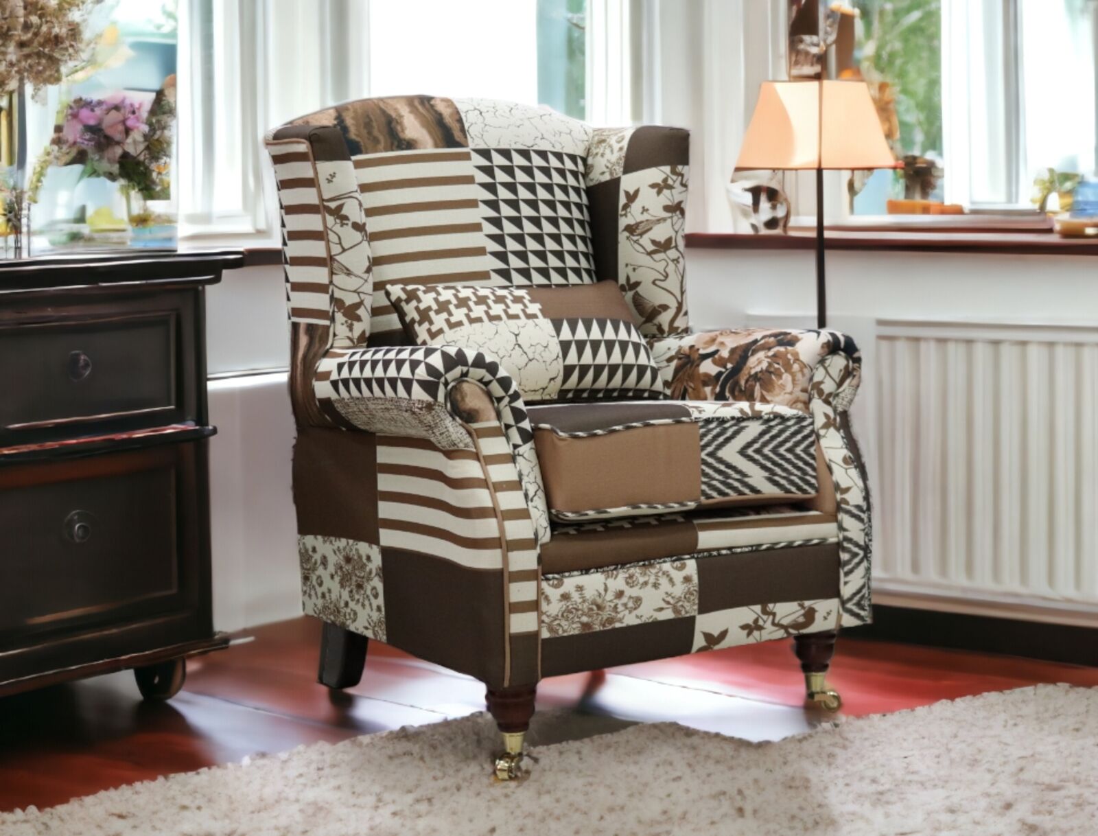 Product photograph of Wing Chair Fireside High Back Armchair Charles Patchwork Brown Fabric from Designer Sofas 4U