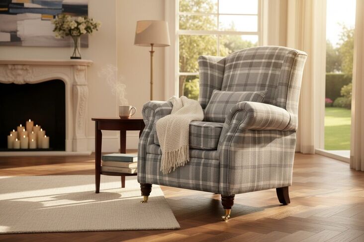 Reclining Wing Chair Fireside High Back Armchair Balmoral Dove Grey Check Fabric P&S