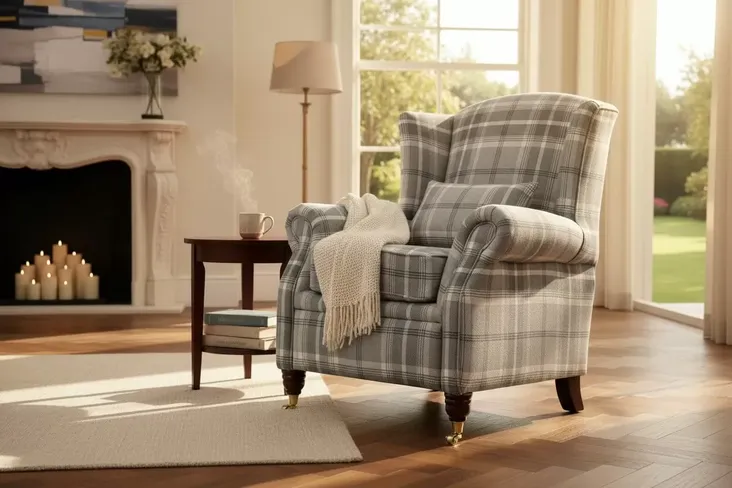 Reclining Wing Chair Fireside High Back Armchair Balmoral Dove Grey Check Fabric P&S