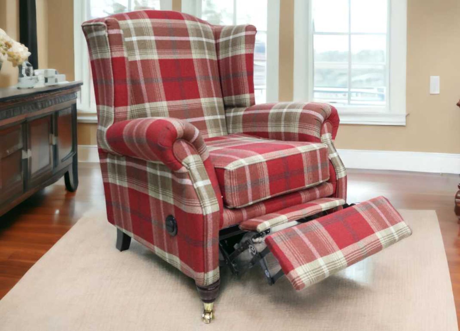 Product photograph of Reclining Wing Chair Fireside High Back Armchair Balmoral Red Check Fabric P Amp S from Designer Sofas 4U